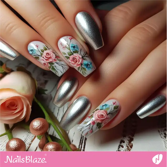 Silver Chrome Nails with Watercolor Flowers | Paint Nail Art - NB2274